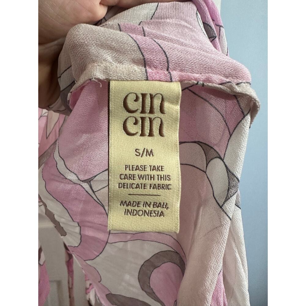 Cin Cin Oasis Fortune Viscose Robe Cover Up Belted Pink Tan Resortwear Sz S/M - Picture 6 of 8